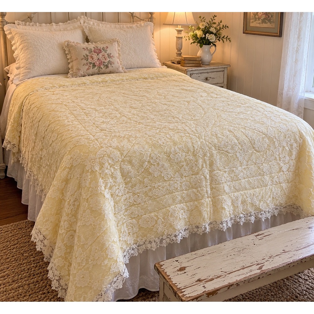 Vintage 1960s Yellow Lace Quilted Bedspread Cottage Core Scalloped Trim 63x74